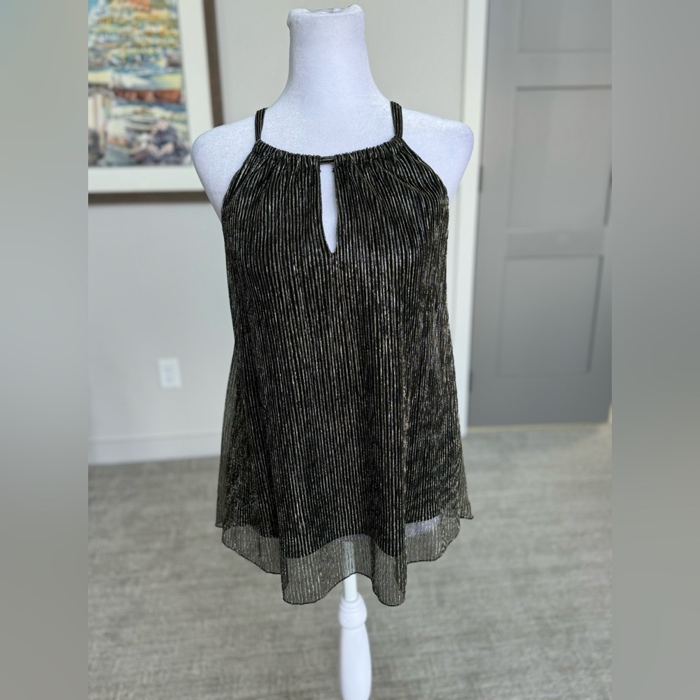 Metallic Black Gold Pleated Halter Top Sheer Overlay Date Night Party XS - Picture 9 of 12